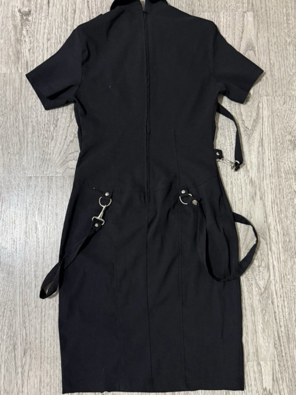 Black Fitted Knee Length Dress Gothic Industrial Strap Detail Military Vintage - Picture 3 of 3